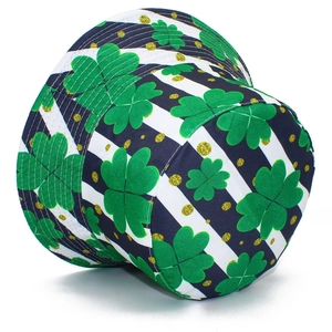 Detail showing St. Patrick's Day clover pattern and gold glitter dots on the bucket hat