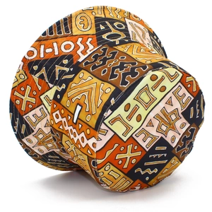 Vintage tribal print bucket hat with abstract orange and brown geometric patterns