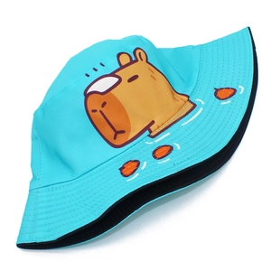 Bright blue bucket hat with cute cartoon capybara print for sun protection and outdoor style