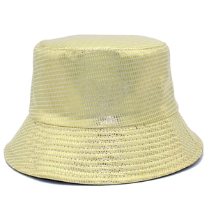 Metallic gold patent leather bucket hat with a reflective grid pattern for street style