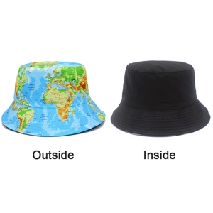 Detail view of double-sided bucket hat showing world map print and plain black interior