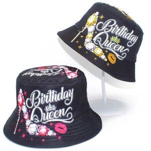 Birthday Queen printed double-sided cotton bucket hat for women in black canvas