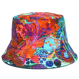 Colorful graffiti bucket hat with geometric pattern, double-sided reversible sun hat for women