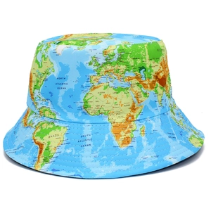 Stylish bucket hat with colorful world map print on light blue fabric for outdoors