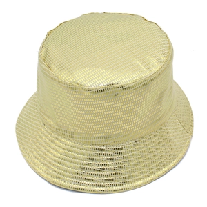 Macro shot of metallic golden bucket hat featuring a shiny small square grid texture