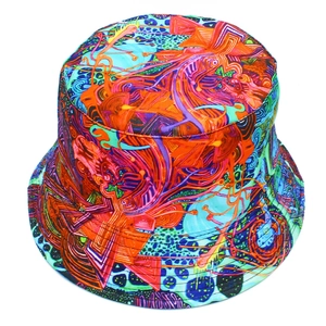 Reversible bucket hat with colorful geometric prints and vibrant street art patterns