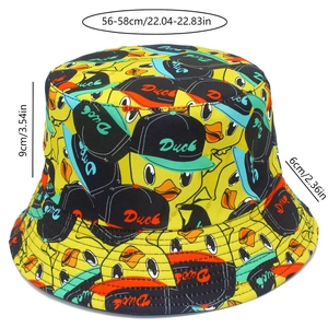 Detailed sizing chart for yellow duck print bucket hat showing brim width and head circumference