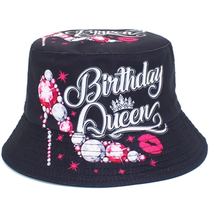 Black Birthday Queen bucket hat featuring crystal high heels and crown design