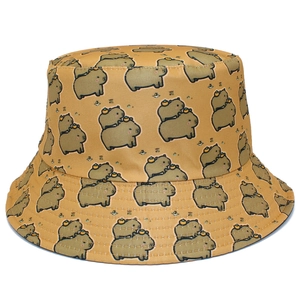 Cute Capybara print bucket hat in yellow twill fabric with trendy cartoon pattern design