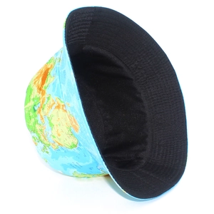 Detail view of cotton bucket hat featuring a colorful vintage world map print pattern