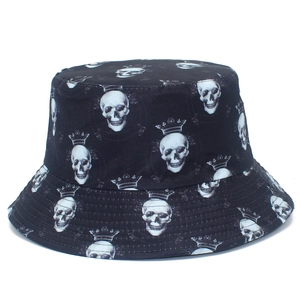 Creative Skull Crown Print Bucket Hat Reversible Cotton Sun Protection Cap Outdoor Streetwear Punk Style Fisherman Hat