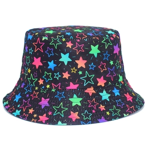 Bunter Neon Stern Muster Beidseitig Tragbar Anglerhut Für Damen Herren Outdoor Sonnenschutz Baumwolle Schwarz Fischerhut