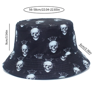 Detailed view showing dimensions of a black bucket hat with crown skull prints