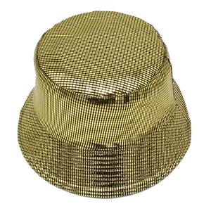 Macro shot of gold metallic bucket hat featuring a reflective textured grid pattern