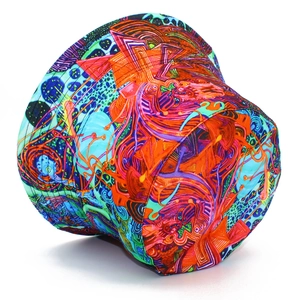 Detail view of double-sided bucket hat with vibrant geometric abstract art prints