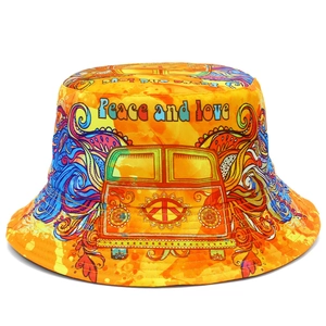 Hippie Peace And Love Printed Reversible Bucket Hat Retro Bus Bohemian Sun Hat For Outdoor Travel Beach Sun Protection Hat