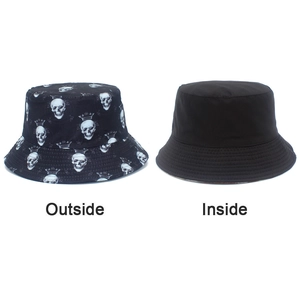 Detailed view of reversible skull print bucket hat showing outside and inside fabric