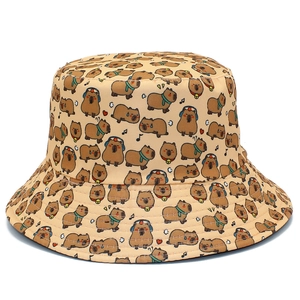 Beige bucket hat with all-over cartoon capybara print and fun music note patterns