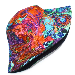 Detailed view of bucket hat showing psychedelic geometric pattern and premium stitching