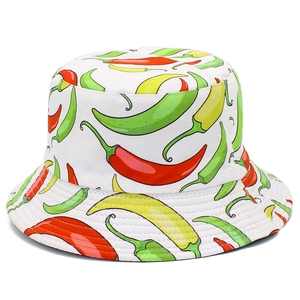 White bucket hat with colorful chili pattern print for outdoor sun protection