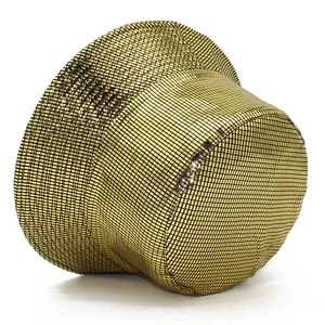 Detail view of the golden bucket hat showing shiny metallic grid texture and sequin pattern