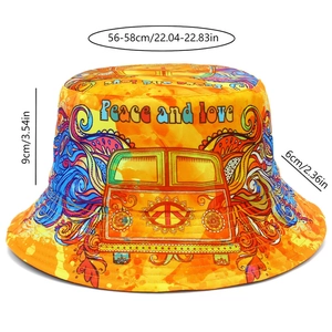 Detail of orange bucket hat featuring Peace and Love slogan and psychedelic pattern