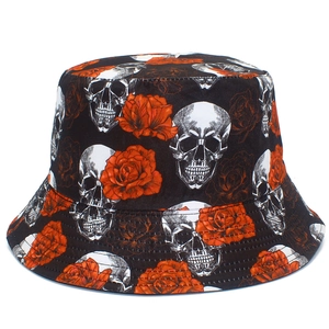 Halloween Reversible Bucket Hat Skeleton Skull Rose Floral Print Black Fisherman Cap For Men Women Party Cosplay Fashion Hat