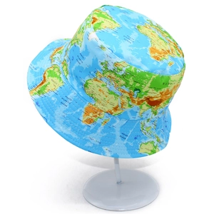 Outdoor bucket hat with world map print featuring continents and oceans on white background