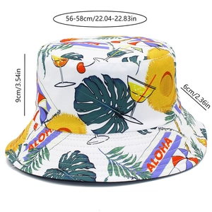 Detailed size chart for white aloha print bucket hat showing brim and crown measurements