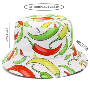 Detailed size specifications for a cotton sun hat with chili print and 6cm wide brim