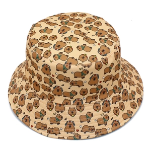 Detail of beige bucket hat with all-over cute cartoon capybara prints and fine stitching