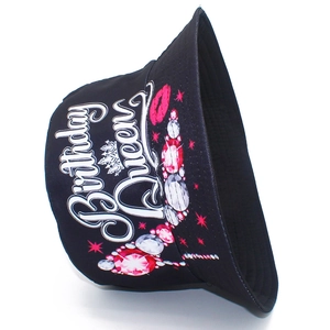 Black double-sided Birthday Queen bucket hat with crown and lip prints for women