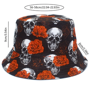 Detail view of skull bucket hat showing dimensions 56-58cm circumference and 9cm depth
