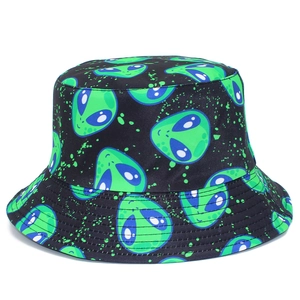 Cappello a Secchiello con Stampa Alieno Teschio Corona Fronte-retro in Cotone Streetwear per Halloween Festa Donna Uomo