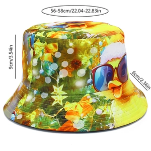 Detailed size guide for the yellow duck Christmas bucket hat with brim and depth dimensions