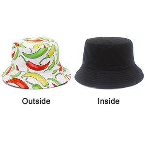 Detail of reversible bucket hat showing colorful chili pattern and plain black inside