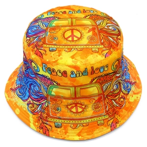 Hippie tie-dye bucket hat with Peace and Love van print on a bright orange background
