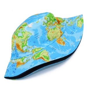 Unisex bucket hat featuring a vintage world map print on light blue durable fabric