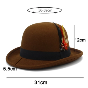 Close-up of brown wool bowler hat featuring a classic feather accent and black ribbon band
