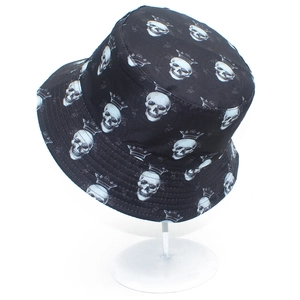 Creative black bucket hat with white crown skull print for street style sun protection