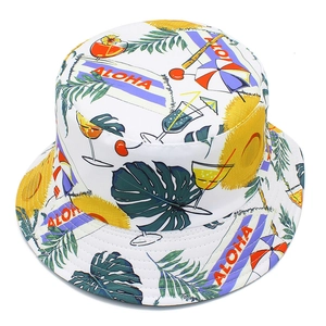 White bucket hat with tropical Aloha Hawaiian print for summer outdoor sun protection