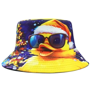 Cute duck print bucket hat with Christmas tree and snowflake patterns for sun protection