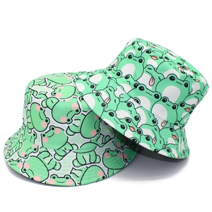 Unisex Cotton Cartoon Frog Bucket Hat All Over Print Foldable Sun Protection Fisherman Hat Summer Outdoor Travel Beach