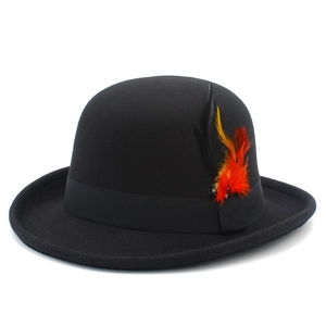 Classic black wool felt bowler hat featuring a grosgrain ribbon and colorful feather accent