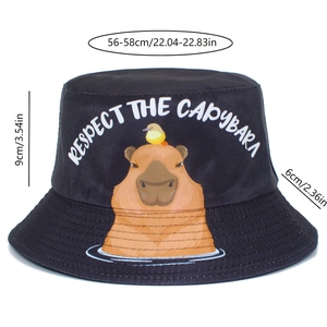 Détails de la broderie Capybara et des mesures sur le chapeau bob noir en coton