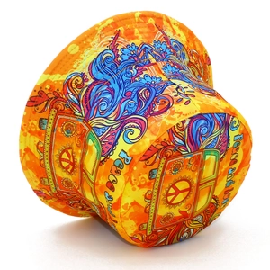 Orange hippie sun hat with Peace and Love print, featuring stars and retro bus patterns