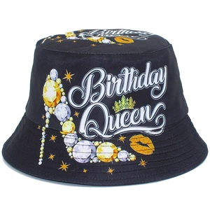 Black bucket hat with Birthday Queen text and colorful rhinestone high heel graphics