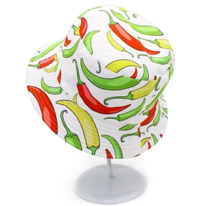 Unisex white bucket hat with colorful all-over chili pattern and cotton canvas texture