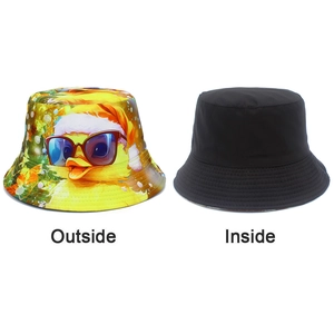 Detail showing the reversible design with cartoon duck print and plain black interior