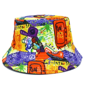 Unisex Street Fashion Graffiti Bucket Hat Reversible Cotton Sun Hat Colorful Digital Print Outdoor Fisherman Hat
